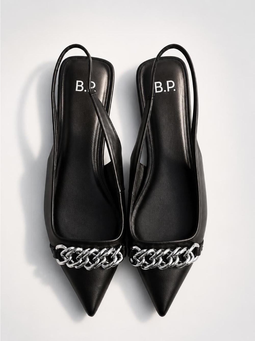bp Black Pointed Slingback Flats with Silver Chain Accent